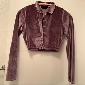 Velvet Long Sleeve Button Up Collared Top